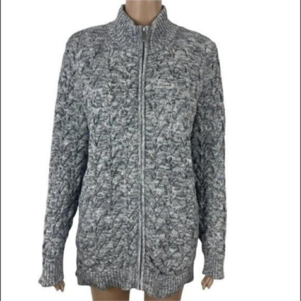 Lands’ End Drifter cable knit full zip gray sweater with pockets size L (14–16)